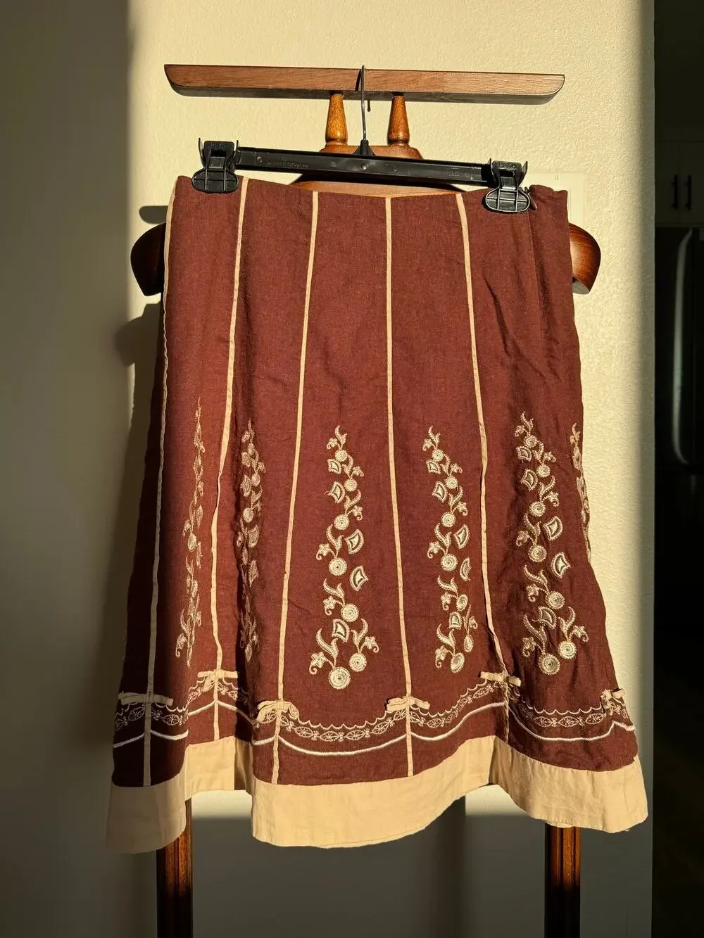 AZwell Linen Blend Embroidered Cottagecore Midi Skirt Brown Boho Prairie M - Picture 1 of 10